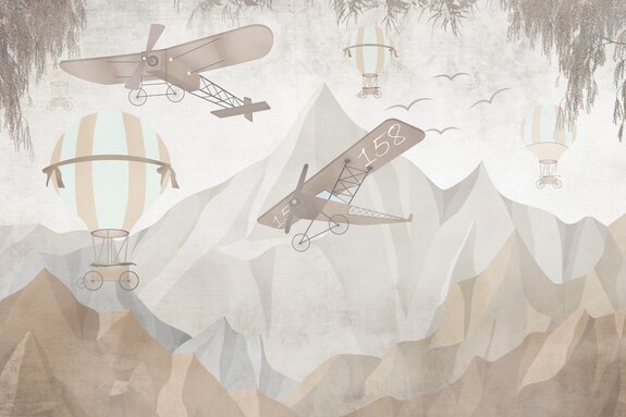 Ballons und flugzeuge zwischen bergen in beige- und grautönen