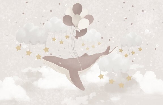 Fliegender wal mit ballons zwischen sternen und wolken