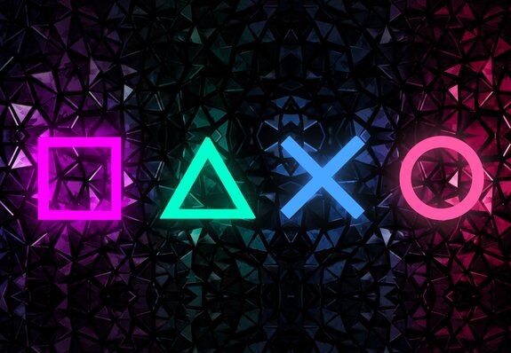 Bunte spielsymbole im neonstil auf schwarzem hintergrund