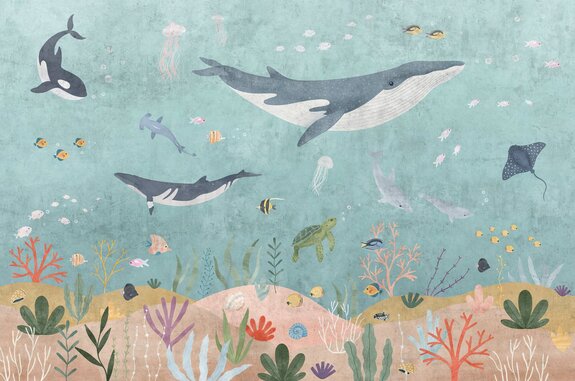 Wale fische und pflanzen in einer bunten unterwasserwelt kinderillustration