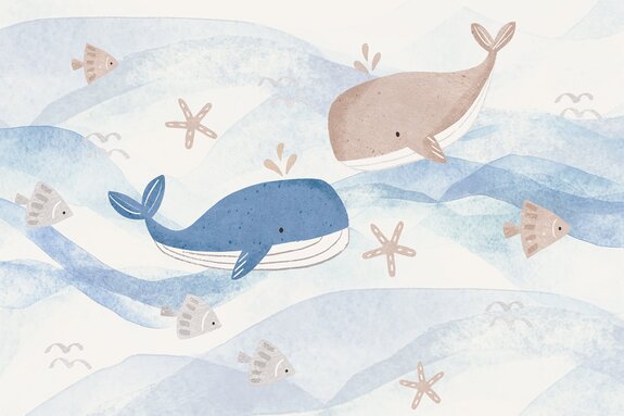 Kinderpattern mit walen und fischen in einer meereslandschaft aquarell