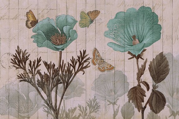 Schmetterlinge und blaue blumen auf holzuntergrund botanisches muster im vintage stil