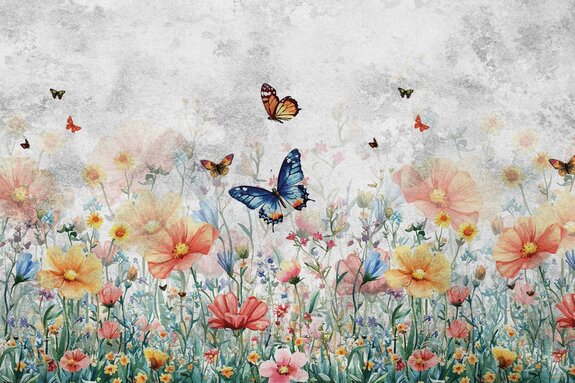 Schmetterlinge über einer bunten blumenwiese auf strukturiertem hintergrund in grautönen