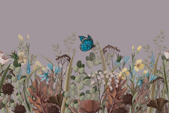 Blauer schmetterling auf einer blumigen wiese, natürliche landschaft