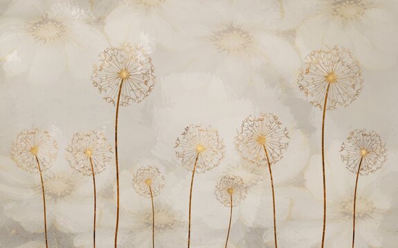 Abstrakte löwenzahnblumen in goldener farbe vor einem hintergrund zarter gemalter blumen