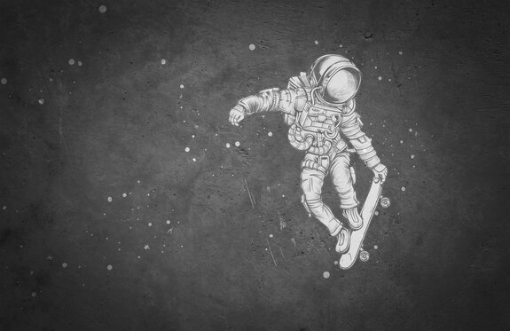 Kosmische szene mit einem astronauten auf einem brett, abstrakter nachthimmel mit betonstruktur