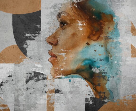 Künstlerisches porträt einer frau mit geometrischen motiven im aquarellstil