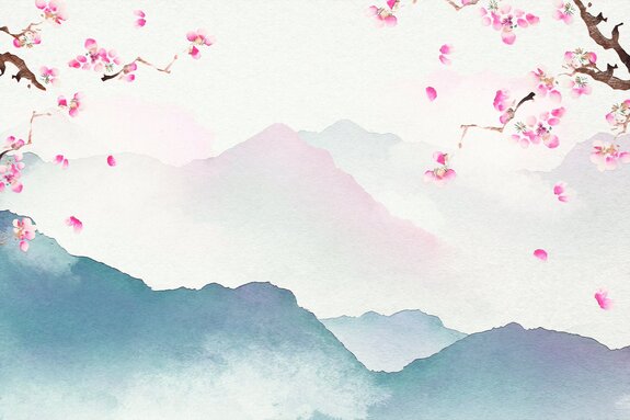 Aquarell von hügeln mit kirschblüten