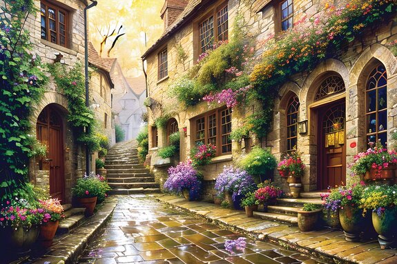 Gasse mit mietshäusern zwischen blumen