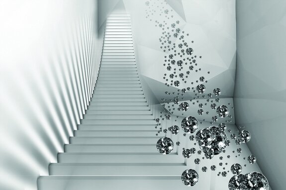Weiße 3d-treppe zwischen edelsteinen