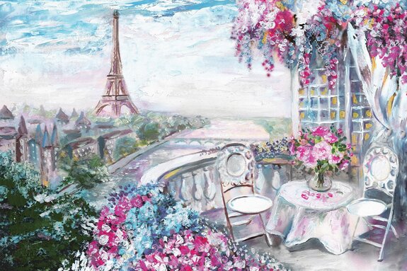 Malerische terrasse voller blumen mit paris im hintergrund