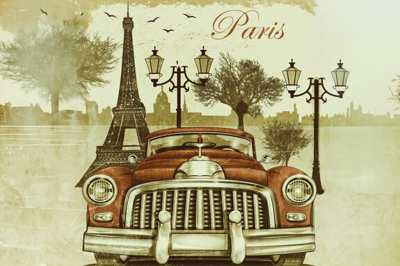 Auto im retro-stil vor dem hintergrund von paris