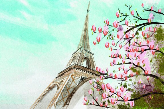 Gemalte kirschblüte vor dem eiffelturm