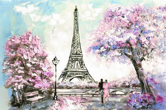 Gemalte landschaft von paris mit kirschblüten