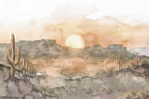 Aquarell von kakteen und bergen in der wüste