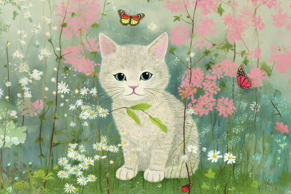 Weiße katze auf einer wiese mit blumen und schmetterlingen