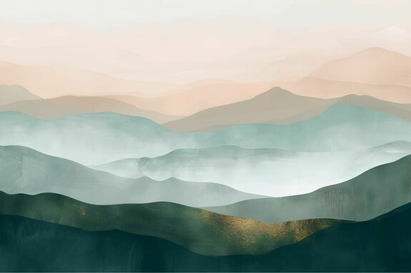 Minimalistische landschaft mit bergen in grün- und beigetönen