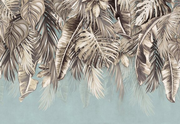 Palmen- und monstera-blätter auf blauem hintergrund