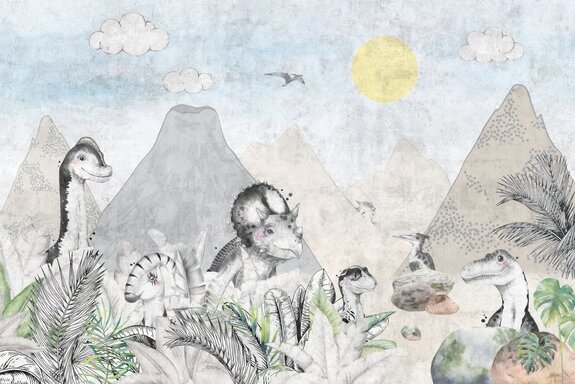 Aquarellwelt der dinosaurier mit vulkanen