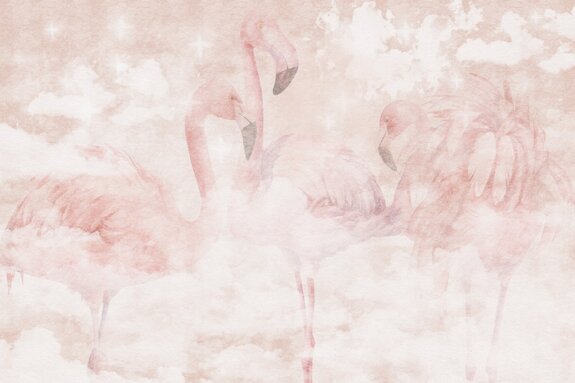 Aquarell flamingos vor einem hintergrund aus pastellfarbenen wolken