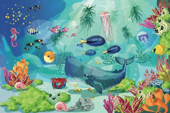Bunte unterwasserwelt mit fischen und meerestieren märchenhafte landschaft