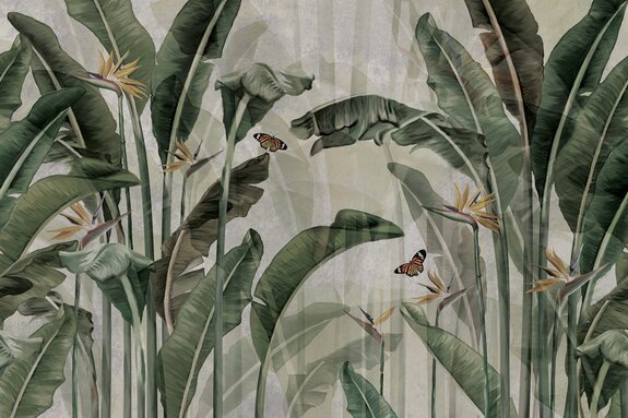 Strelitzienblätter und schmetterlinge tropisches botanisches muster