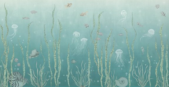 Fische und quallen zwischen grünen pflanzen meeresunterwasserlandschaft