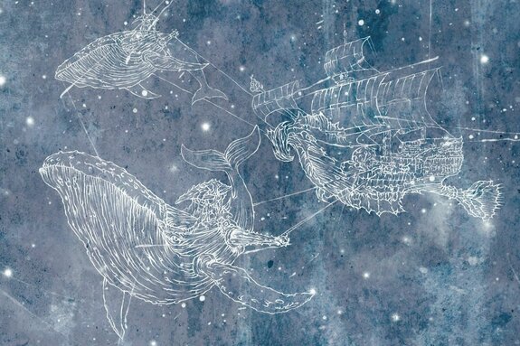 Schiff mit walen am sternenhimmel abstraktes muster für kinder