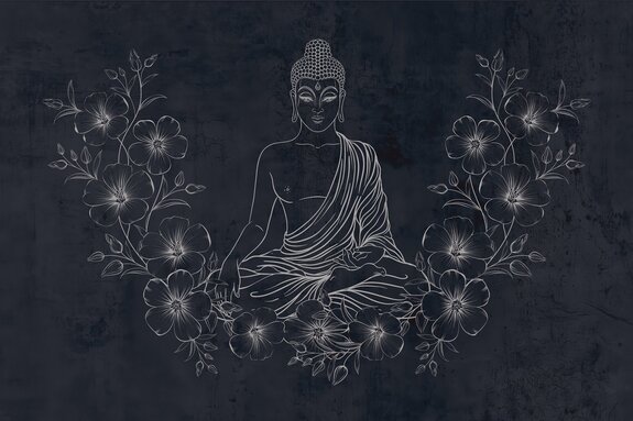Meditierender buddha zwischen blumen auf strukturiertem hintergrund