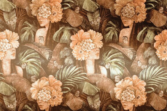 Porträt einer frau mit blumen auf dem kopf tropisches vintage-muster