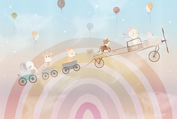 Tiere und luftballons vor dem hintergrund des regenbogens