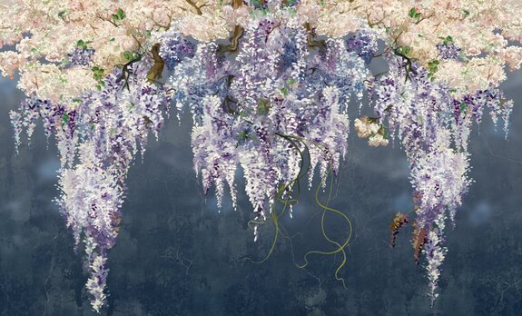 Wisteria-blüten auf dunkelblauem hintergrund mit betonstruktur