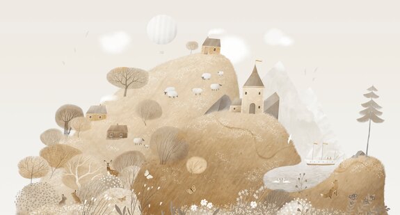 Märchenhafte landschaft tiere auf einer wiese und ein haus auf dem hügel kinderdesign