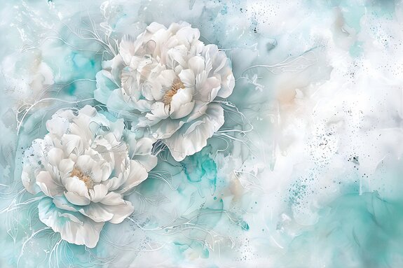 Weiße pfingstrosen auf blauer aquarellmalerei