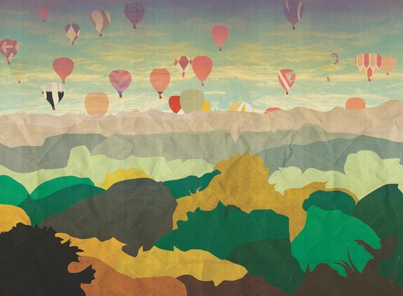 Illustration von ballons die über wald und berge fliegen