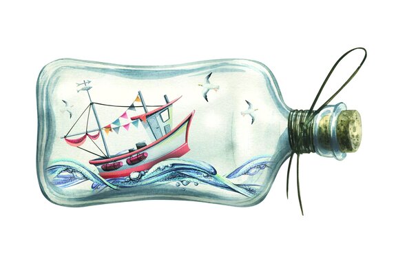 Schiff auf dem meer in einer glasflasche