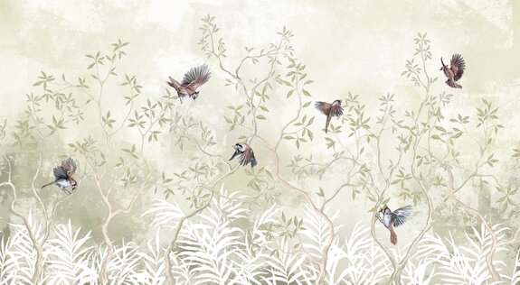 Vögel zwischen den baumzweigen auf grünem betonhintergrund