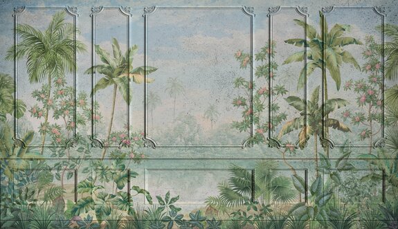 Tropische landschaft mit palmen vor stuckhintergrund