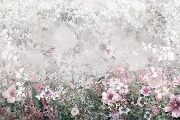 Blumiger hintergrund, pastellblumen, vögel und schmetterlinge