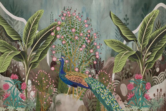 Pfau unter tropischen pflanzen und blumen