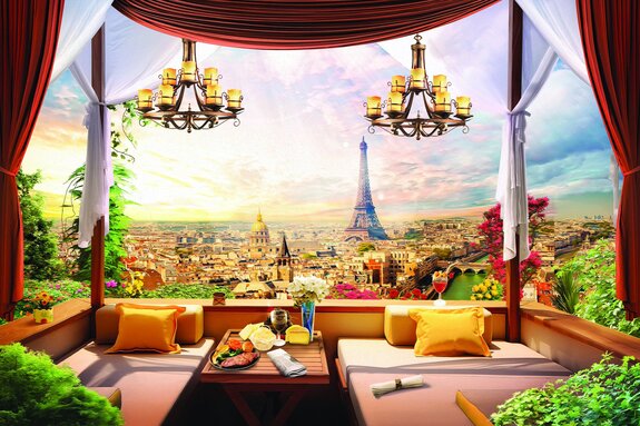 Blick vom balkon auf paris bei sonnenuntergang