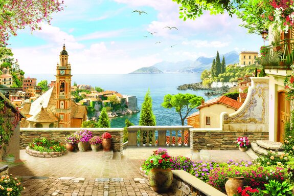 Magische landschaft mit einer kirche vor dem meer und den bergen