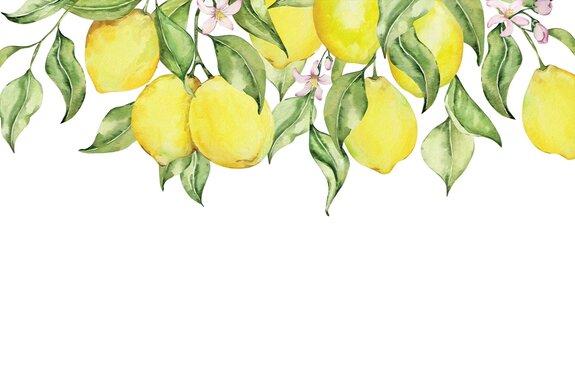 Bemalte zitronen zwischen blättern und blumen