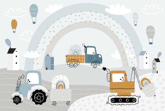 Traktor auf hügeln mit bagger und wolken