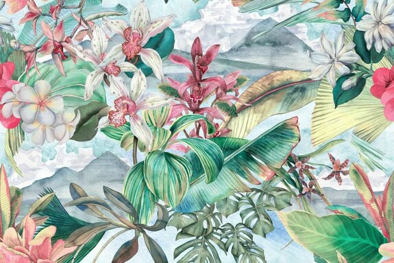 Bunte orchideen mit monstera-blättern