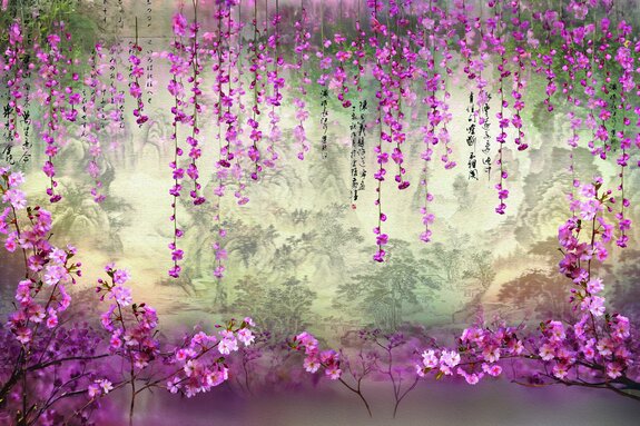 Hängende kirschblüten vor einem waldhintergrund