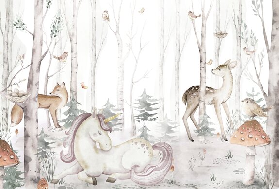 Einhorn und kleine tiere im aquarellwald