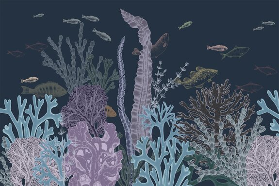 Bunte korallenriff mit fischen im minimalistischen stil