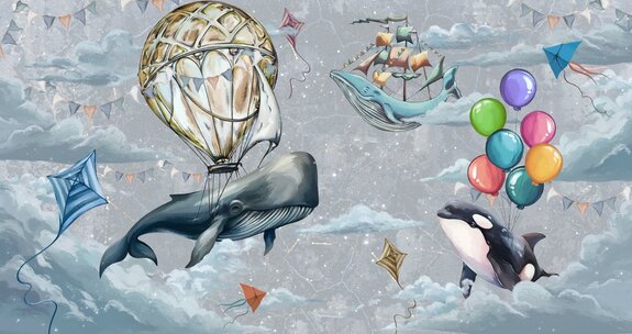 Fische ballons und drachen zwischen wolken auf himmelshintergrund aquarellmuster für kinder