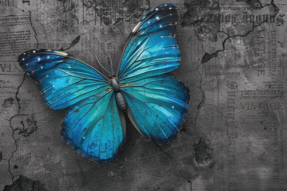 Blauer schmetterling mit 3d-effekt auf betonhintergrund mit deutlicher struktur